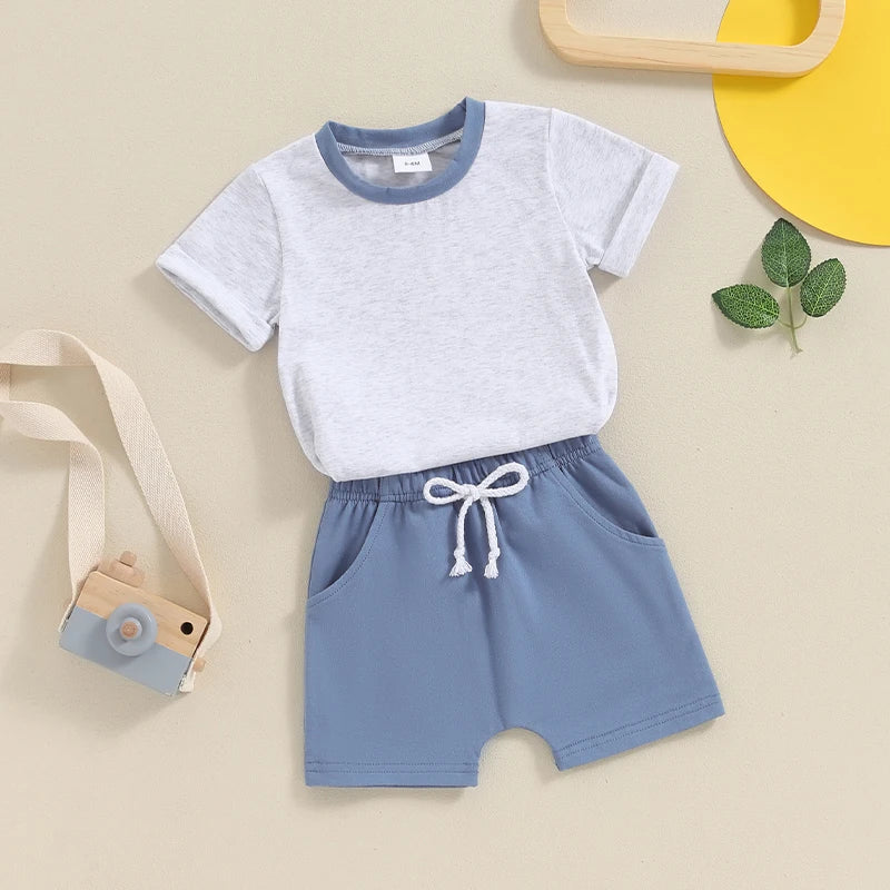 Baby Toddler Boys 2Pcs Summer Outfit Patchwork Round Neck Short Sleeve Top Elastic Waist Shorts Clothes Set