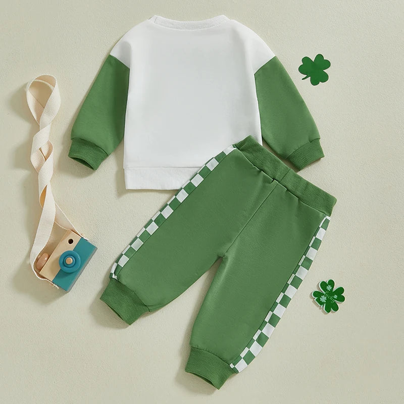 Baby Toddler Boys 2Pcs Lucky St. Patrick's Day Outfit Letter Checkered Long Sleeve Crewneck Top and Pants Jogger Set