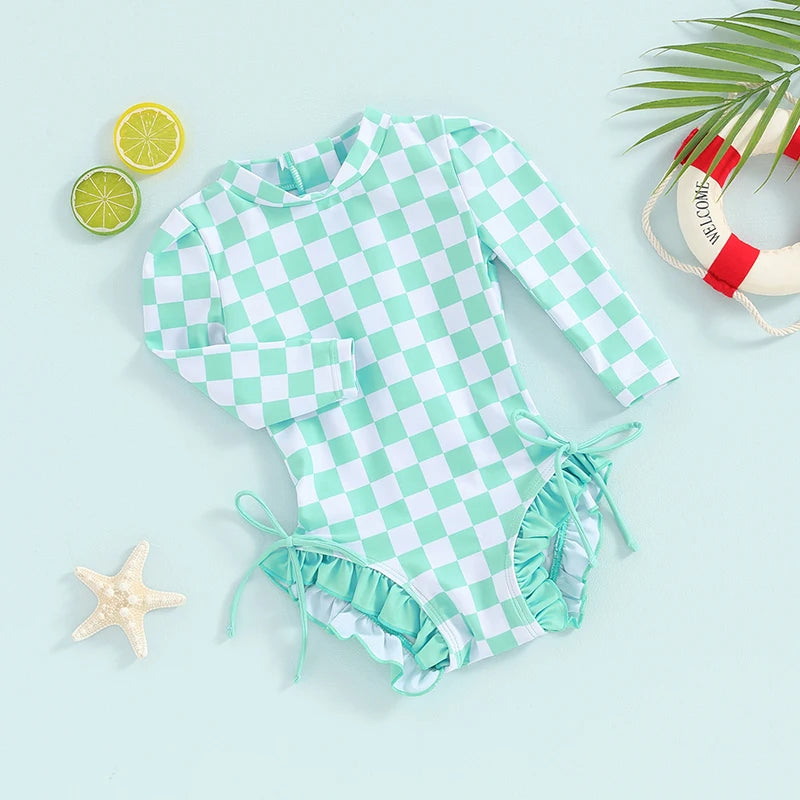 Baby Toddler Girls Beach Swimwear Long Sleeve Checkerboard Plaid Print Ruffle Romper Bathing Suit