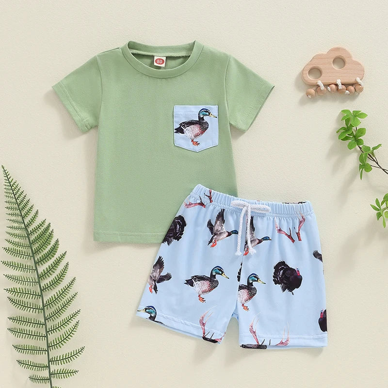 Baby Toddler Boys 2Pcs Summer Outfit Duck Print Short Sleeve Top Pocket Elastic Waist Shorts Set