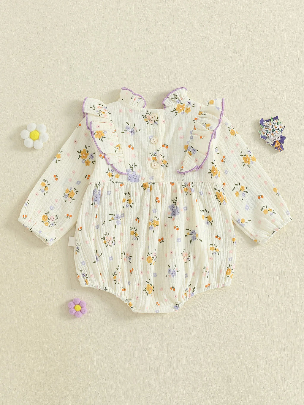 Baby Girl Fall Bubble Romper Floral Print Long Sleeve Frill Mock Neck Ruffled Jumpsuit