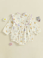 Baby Girl Fall Bubble Romper Floral Print Long Sleeve Frill Mock Neck Ruffled Jumpsuit