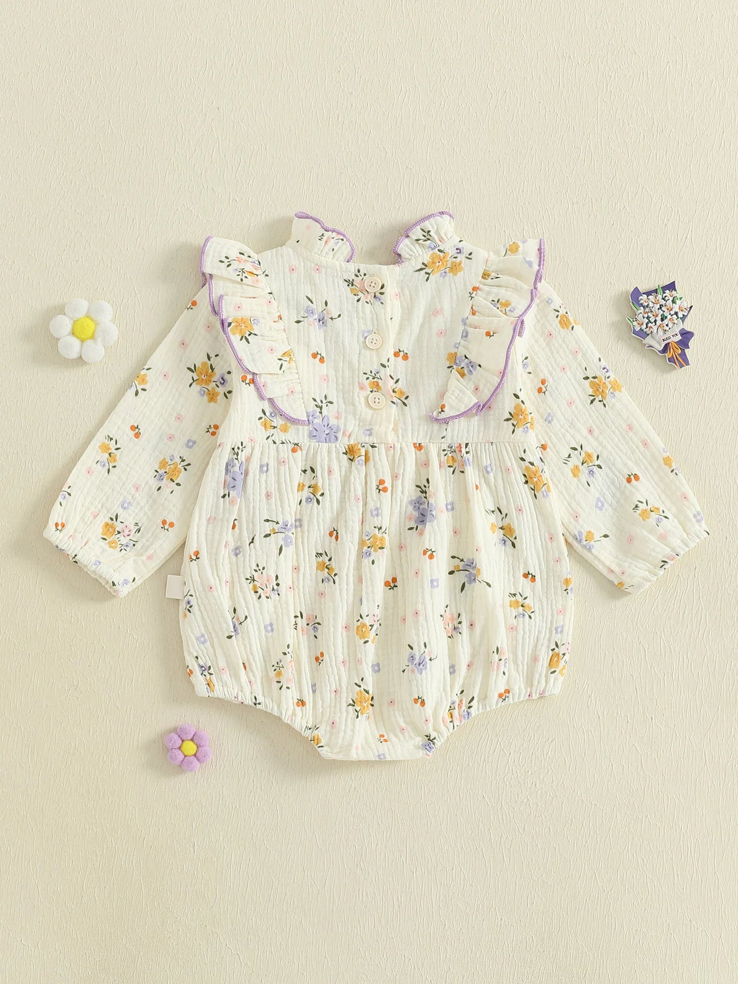 Baby Girl Fall Bubble Romper Floral Print Long Sleeve Frill Mock Neck Ruffled Jumpsuit