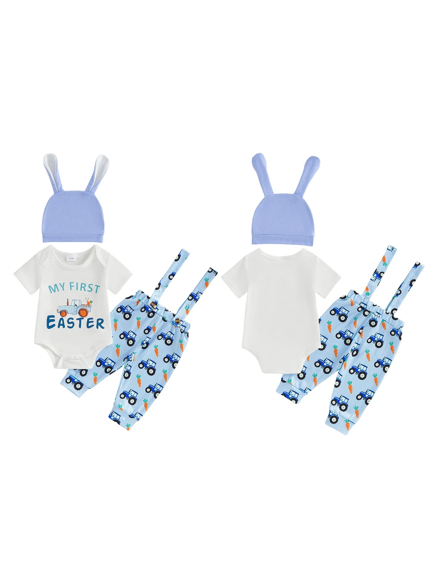 Baby Boy Girls 3Pcs Easter Outfits Cute Short Sleeve Round Neck Rabbit Letter My First Easter Print Jumpsuit Overalls and Hat Set