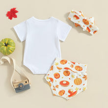 Load image into Gallery viewer, Baby Girls 3Pcs Turkey Gravy Print Short Sleeve Romper Pumpkin Print Shorts Headband
