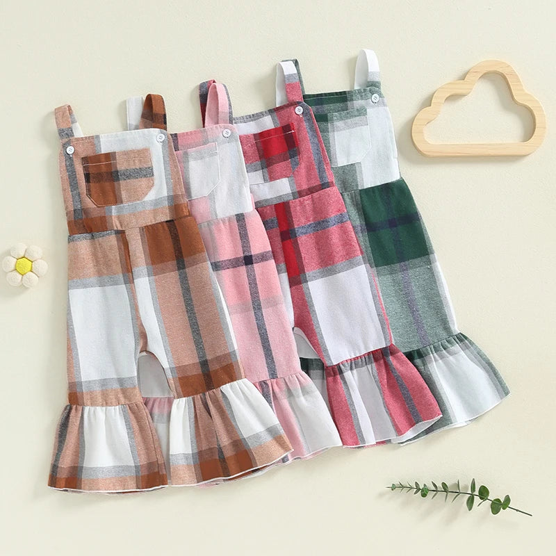 Baby Toddler Girls Plaid Overalls Casual Square Neck Sleeveless Bell Bottom Jumpsuit Romper