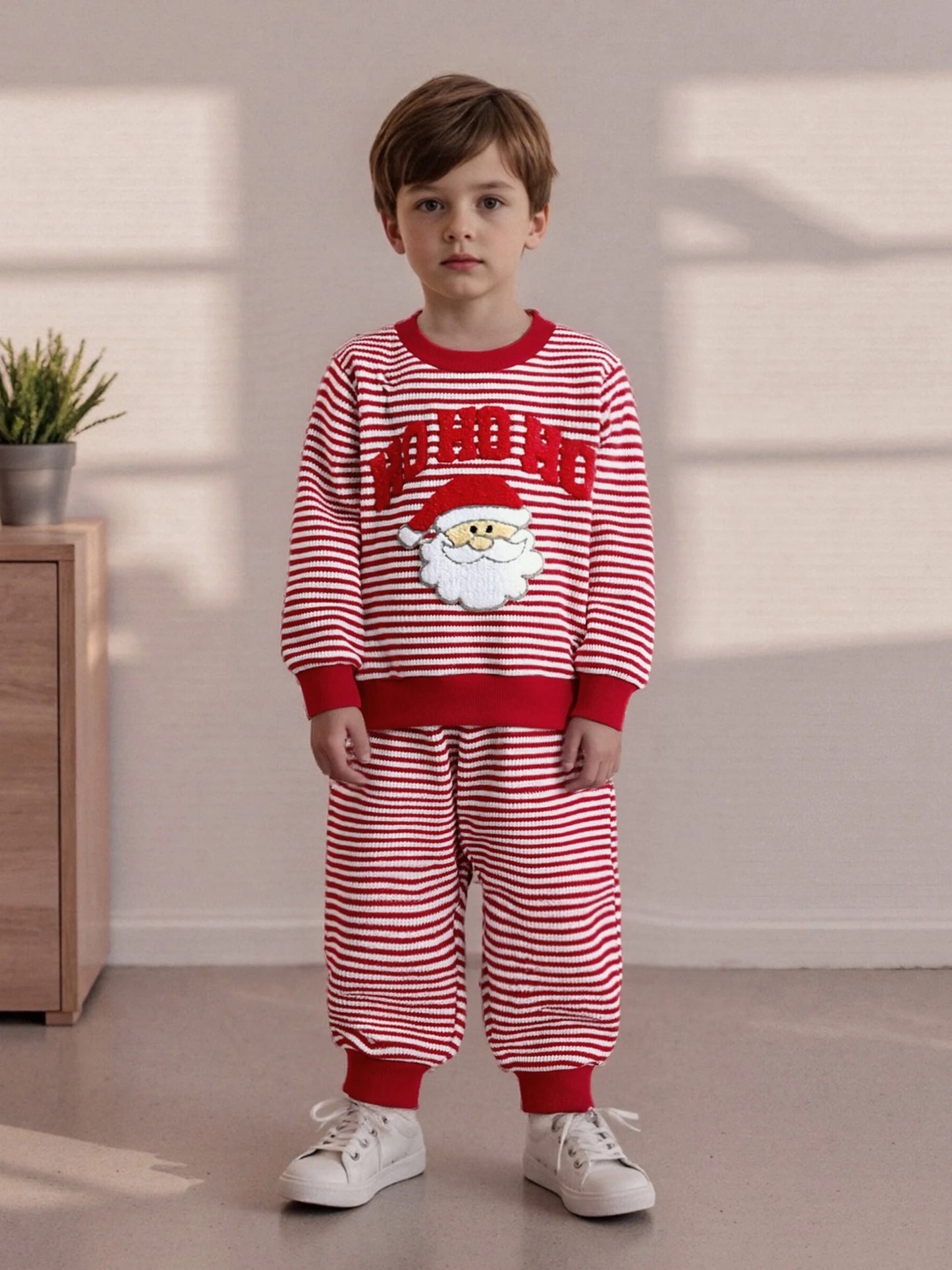 Baby Toddler Boys Girls 2Pcs Ho Ho Ho Christmas Striped Jogger Set Fashionable Long Sleeve Santa Claus Embroidery Pullover Top with Pants 2 Pcs Outfit