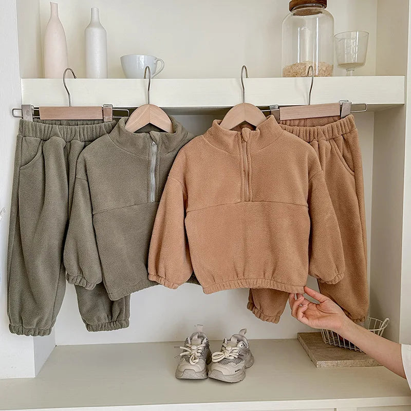 Toddler Kid Boy Girl 2Pcs Clothes Set Fleece Pullover Top Pant Suit Casual Warm Thick Winter Two Piece Jogger Set