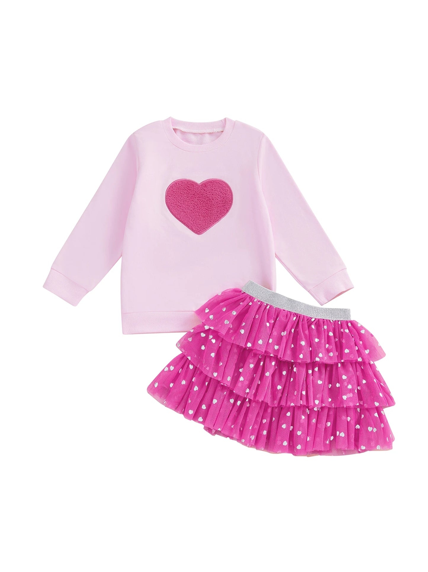 Baby Toddler Girls 2Pcs Outfit Long Sleeve Crew Neck Heart Embroidery Top and Tiered Tulle Skirt Set
