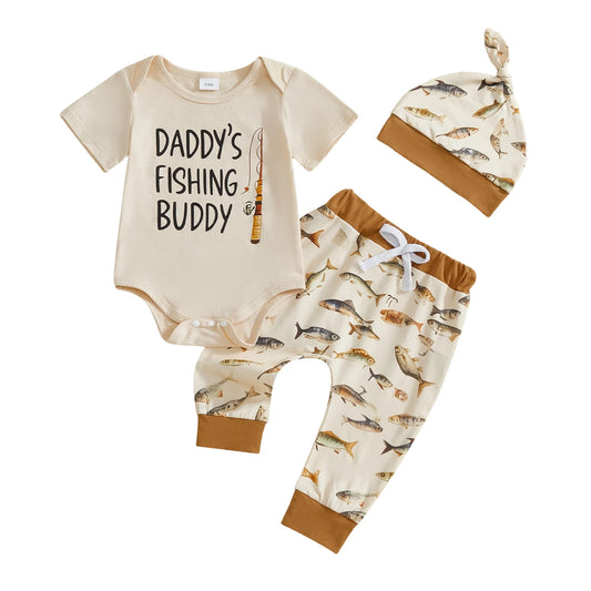 Baby Boy 3Pcs Daddy's Fishing Buddy Summer Outfit Crew Neck Short Sleeve Letters Print Romper Elastic Waist Pants and Hat Set