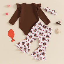 Load image into Gallery viewer, Baby Girl 3Pcs 1st First Thanksgiving Outfit Turkey Print Long Sleeve Romper Flared Pants Headband Set
