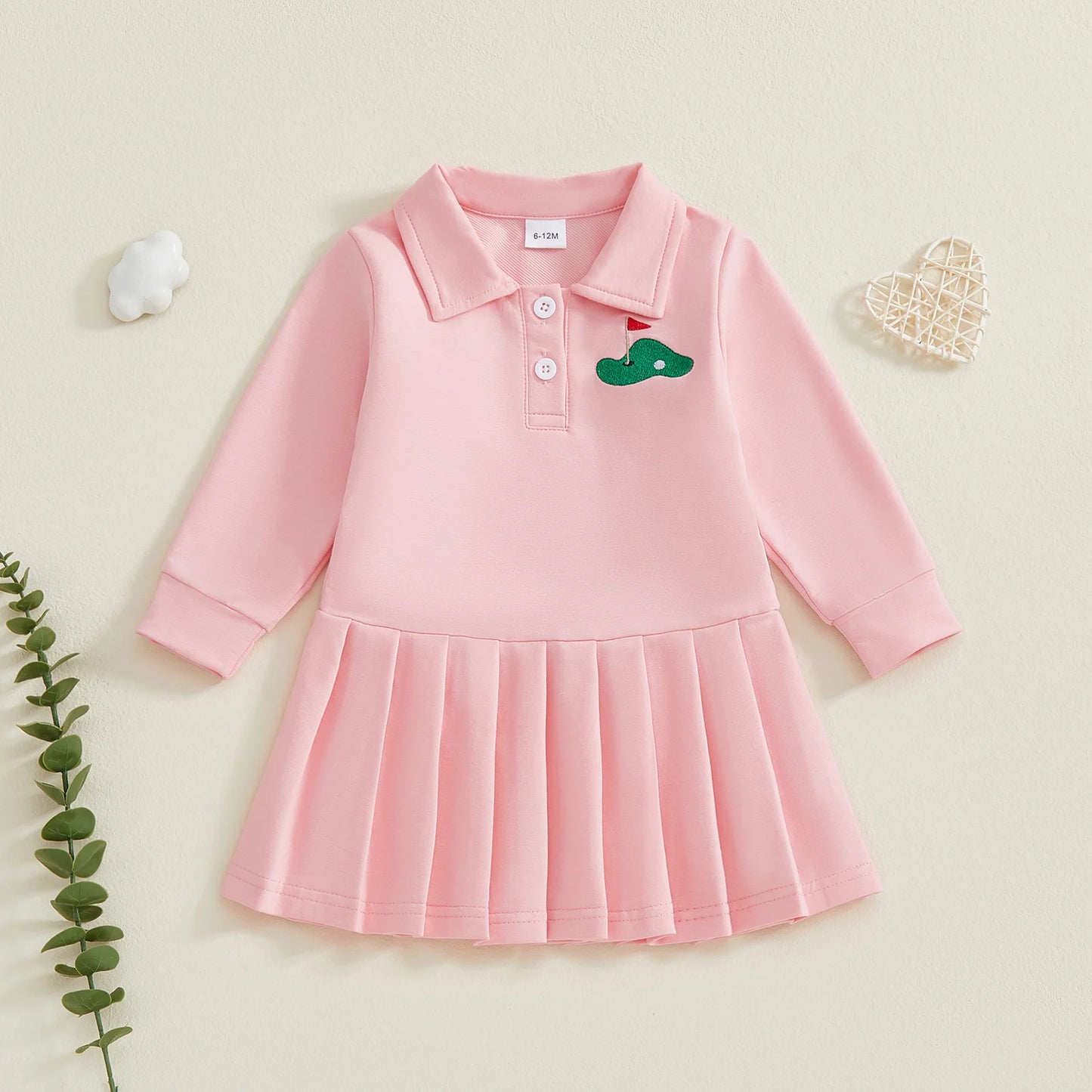 Baby Toddler Girls Casual Dress Long Sleeve Button Closure Embroidery Golf Cart Pleated Fall Dress