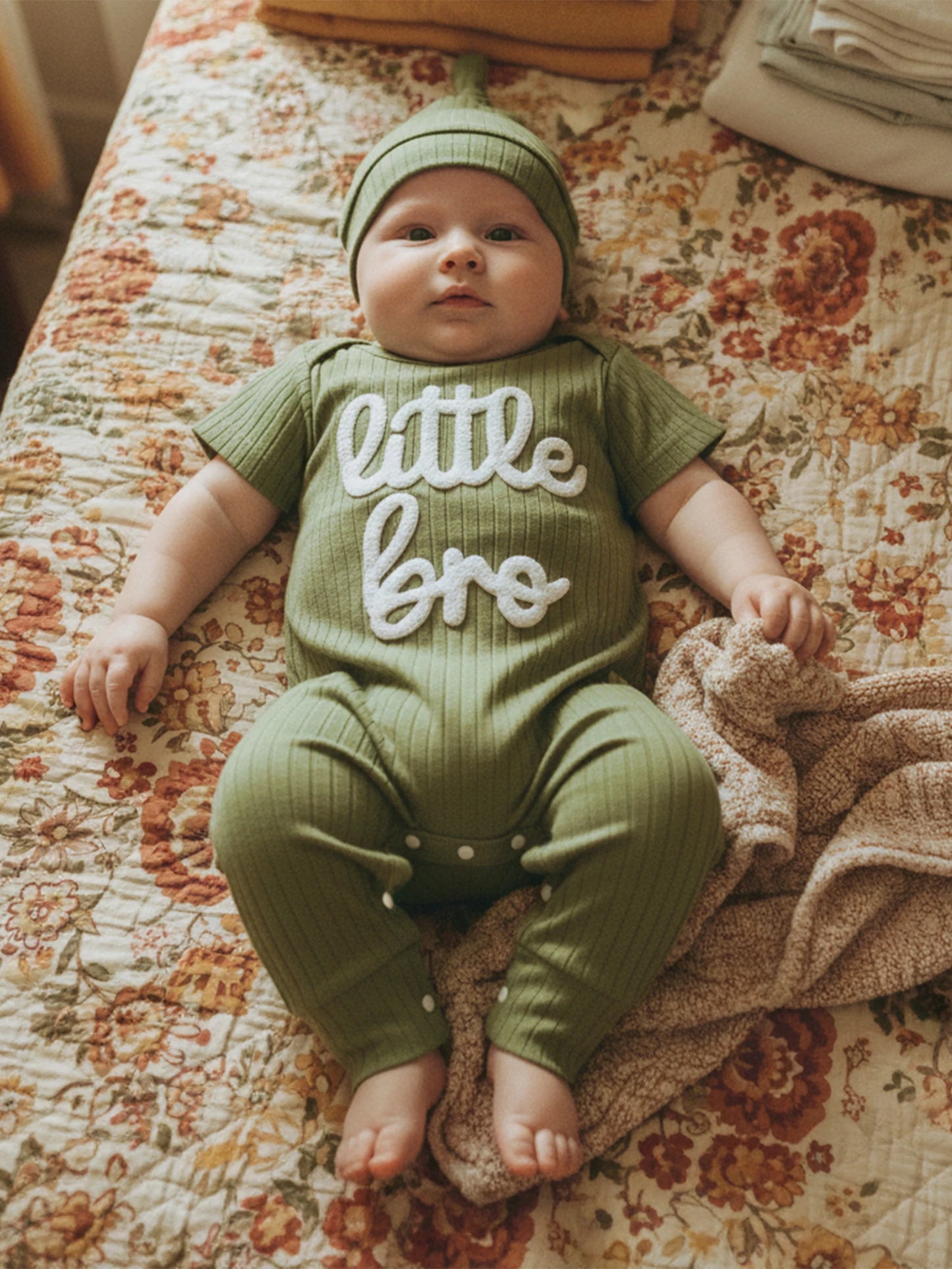 Baby Boy 2Pcs Little Bro Short Sleeve Romper Ribbed Letter Embroidery Round Neck Infant Jumpsuit with Hat Set