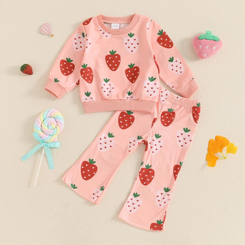 Baby Toddler Girls 2Pcs Outfit Strawberry Print Long Sleeve Crewneck Top with Flare Pants Set