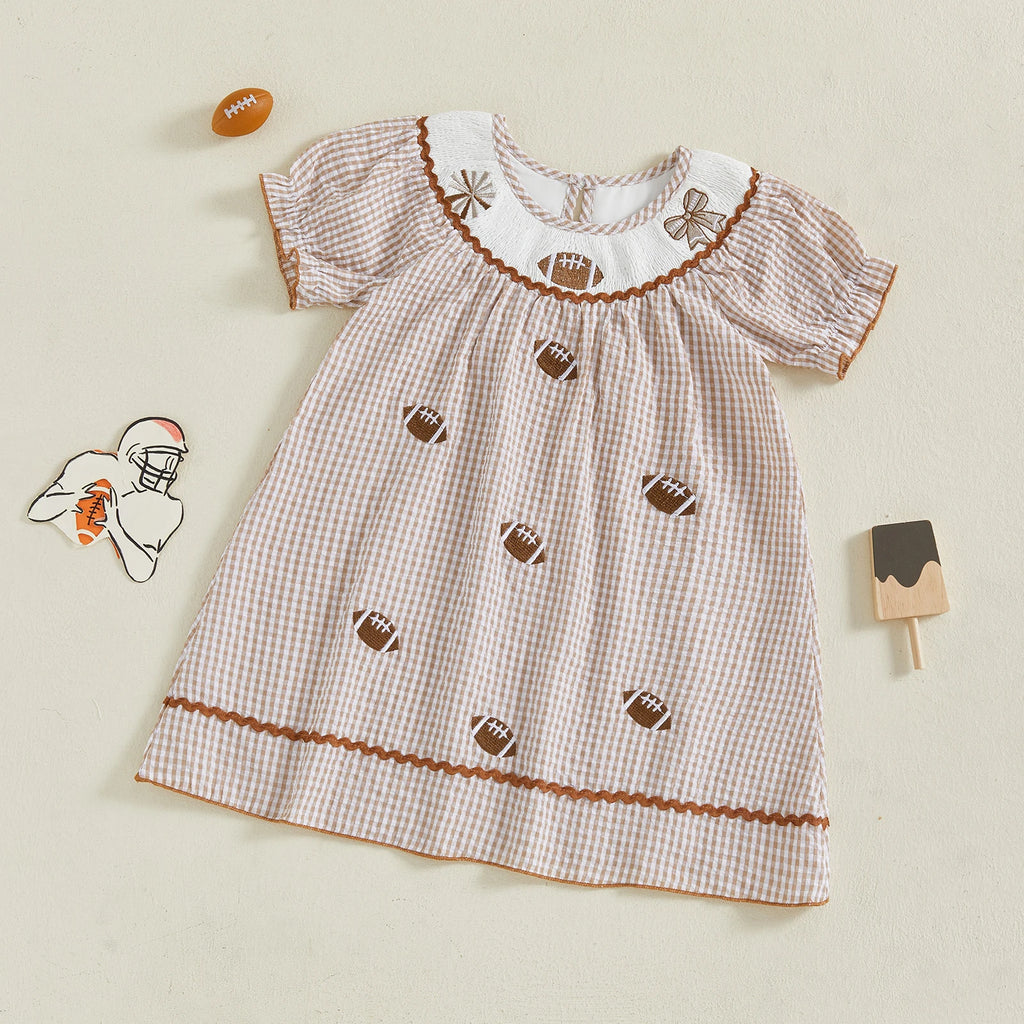 Toddler Kids Girl Dress Loose Fit Football Embroidered Plaid Crew Neck Short Sleeve Dress Summer Fall