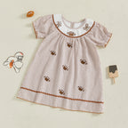 Toddler Kids Girl Dress Loose Fit Football Embroidered Plaid Crew Neck Short Sleeve Dress Summer Fall