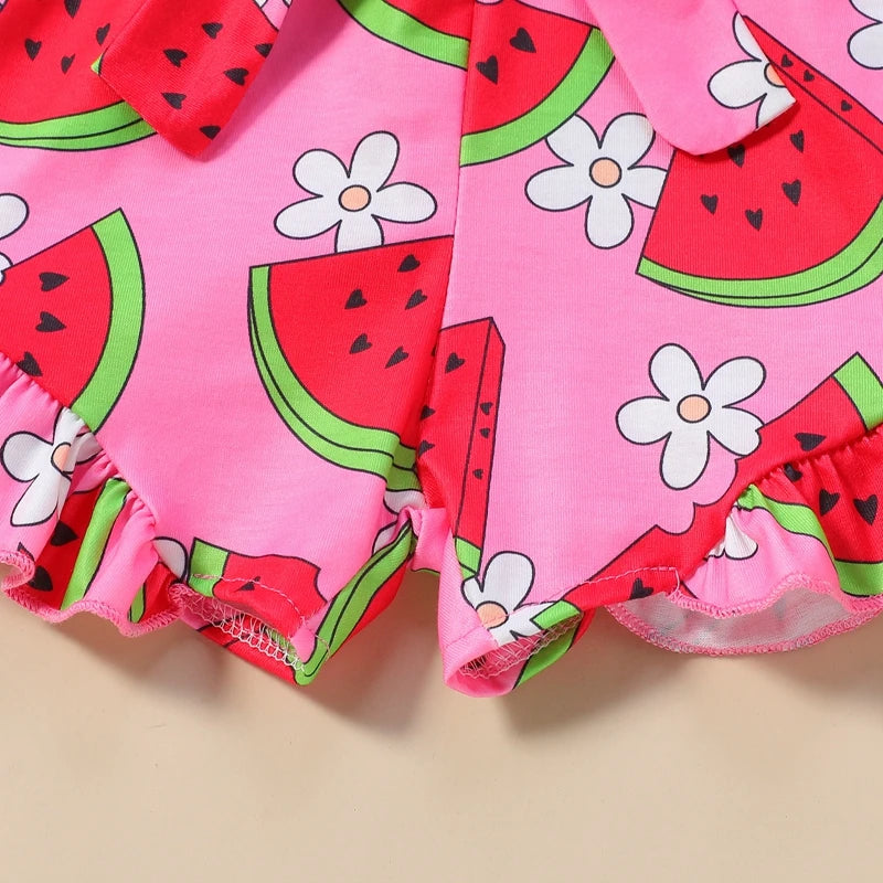 Baby Toddler Kids Girl Summer Jumpsuit Sleeveless Tie Strap Watermelon Print Belted Romper Shorts