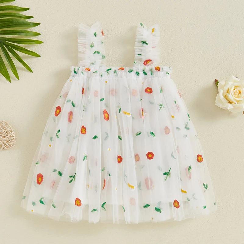 Baby Toddler Girls Princess Dress Sleeveless Flower Embroidery A-line Tulle Tank Top Dresses Clothes