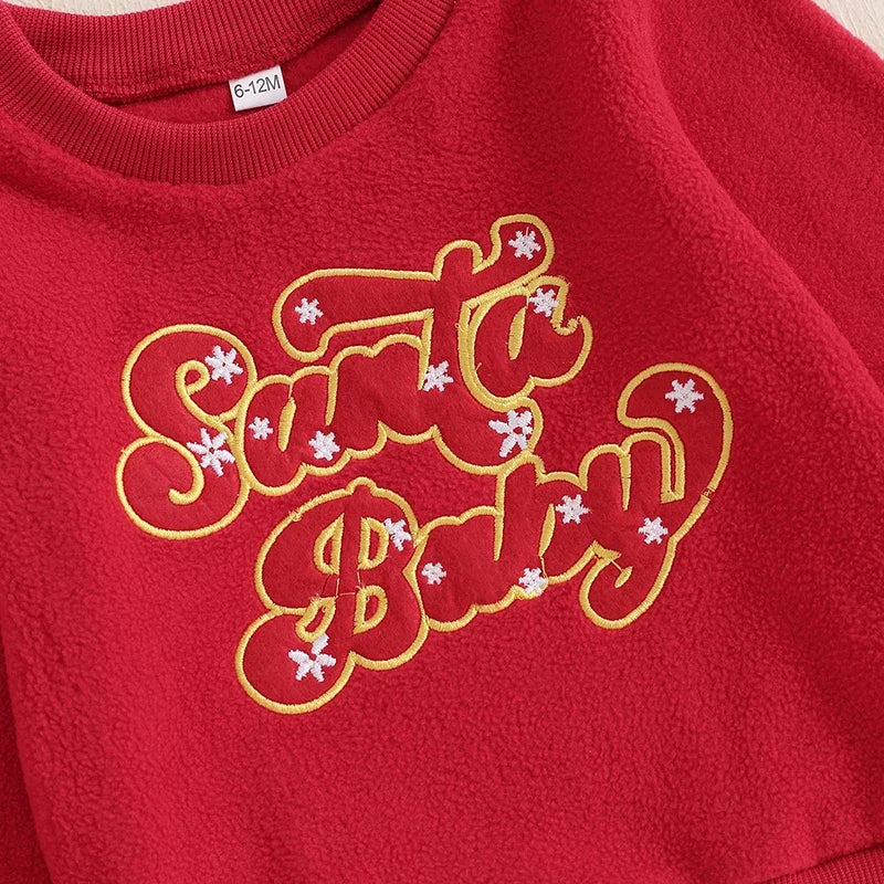 Baby Toddler Kids Girls Boys Christmas Fleece Top Santa Baby Letter Embroidery Crew Neck Long Sleeve Pullover Top