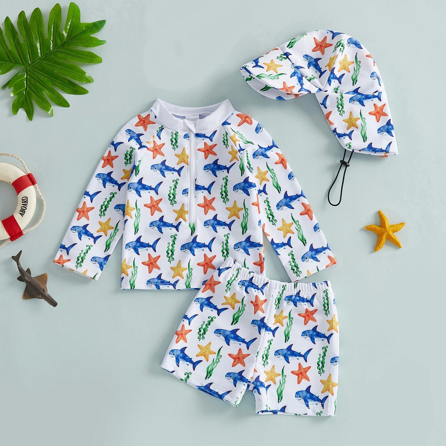 Baby Toddler Boys 3Pcs Rash Guard Swimsuit Print Zip Up Long Sleeve Swimwear Top Swim Shorts and Hat Set