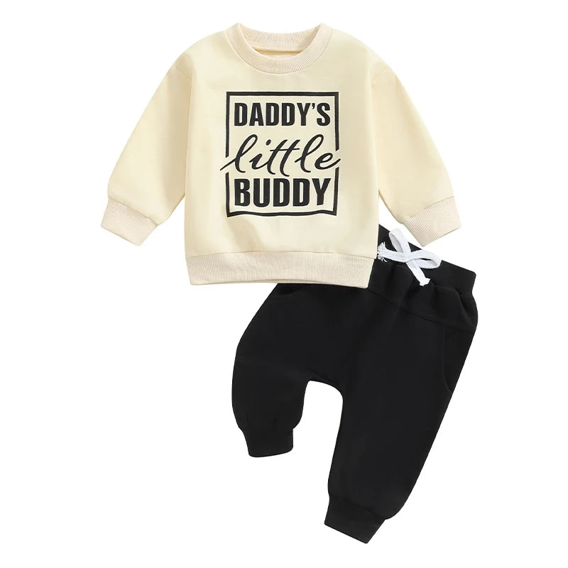 Baby Toddler Boys 2Pcs Daddy's Little Buddy Fall Outfit Letter Print Long Sleeve Round Neck Top and Solid Color Pants Set