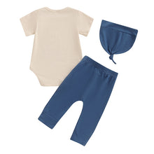 Load image into Gallery viewer, Baby Boys 3Pcs Here Comes the Son Outfit Sun Letters Print Short Sleeve Romper with Elastic Waist Long Pants and Hat Set
