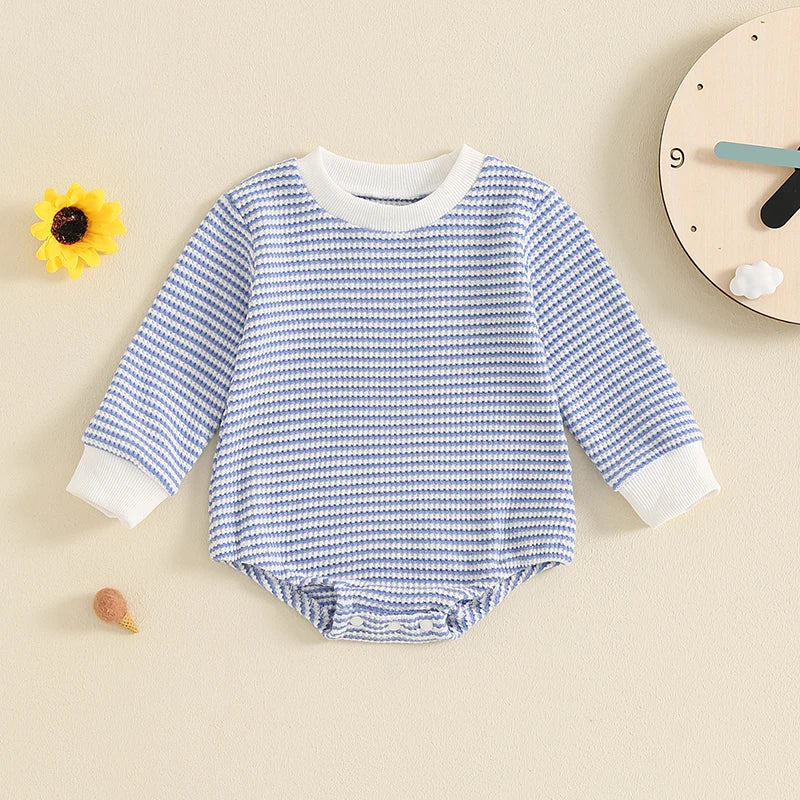 Baby Boys Girls Waffle Romper Casual Stripe Print Long Sleeve Jumpsuit