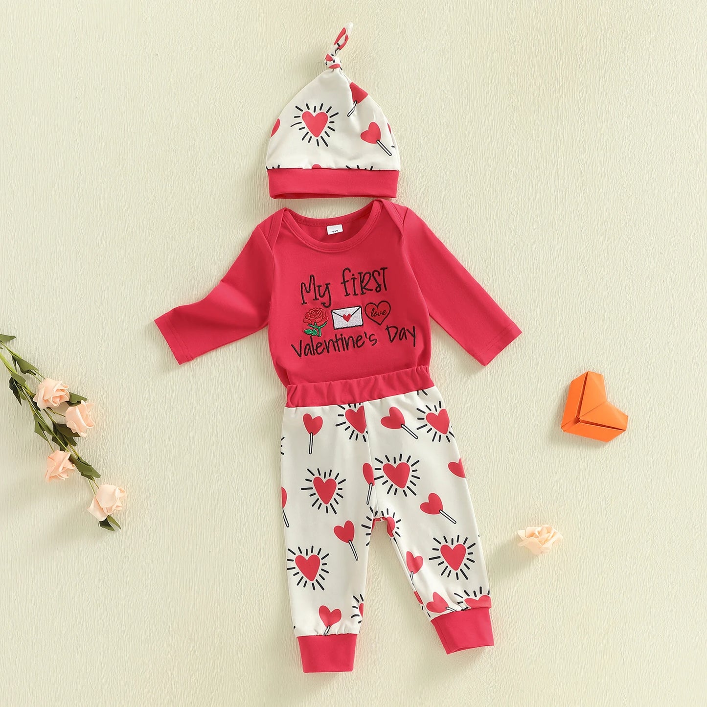 Baby Boy Girl 3Pcs My First Valentine's Day Outfit Letter Print Long Sleeve Romper Heart Candy Pattern Long Pants and Hat 3Pcs Set