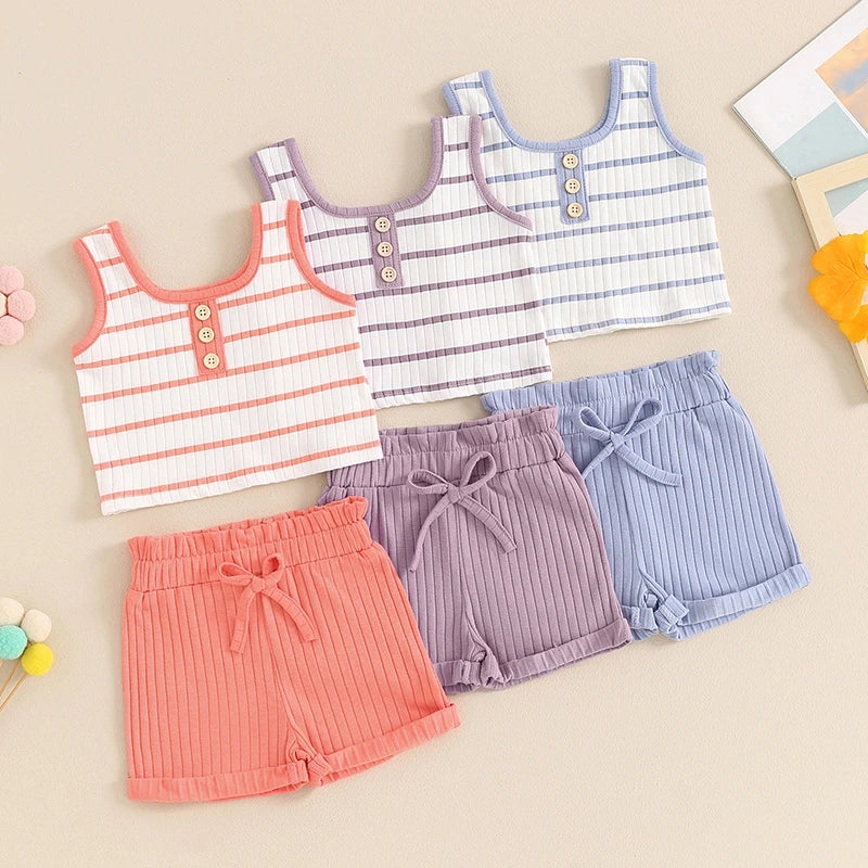 Toddler Baby Girl 2Pcs Summer Ribbed Set Striped Round Neck Sleeveless Tank Top Elastic Waist Shorts Outfit