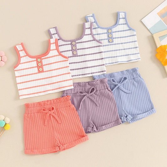 Toddler Baby Girl 2Pcs Summer Ribbed Set Striped Round Neck Sleeveless Tank Top Elastic Waist Shorts Outfit