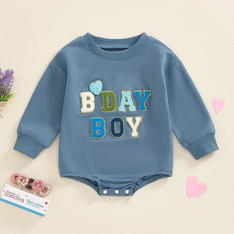 Baby Girl Boy BDAY GIRL / BOY Birthday Romper First Birthday Long Sleeve Round Neck Letter Embroidery Bodysuit Playsuit