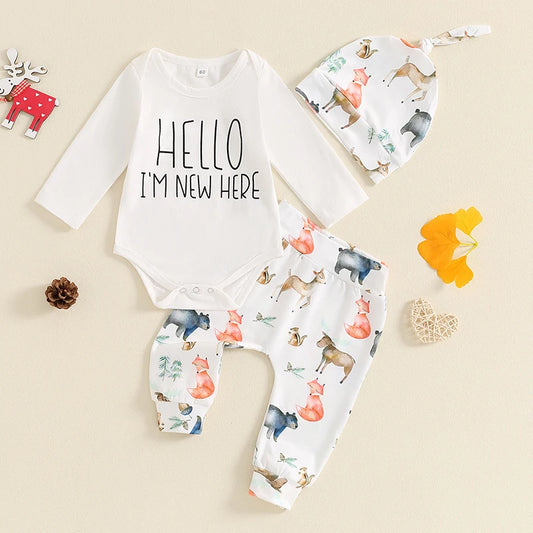 Baby Girls Boys 3Pcs Hello I'm New Here Long Sleeve O Neck Romper Animals Print Pants Hat Set