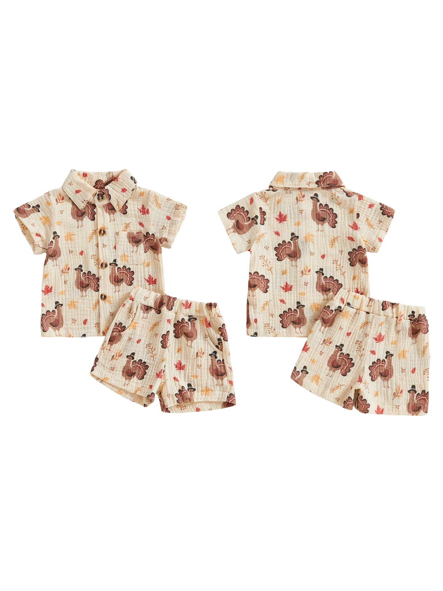 Baby Toddler Boys 2Pcs Thanksgiving Outfit Turkey Short Sleeve Button-up Shirt Elastic Waist Shorts Set