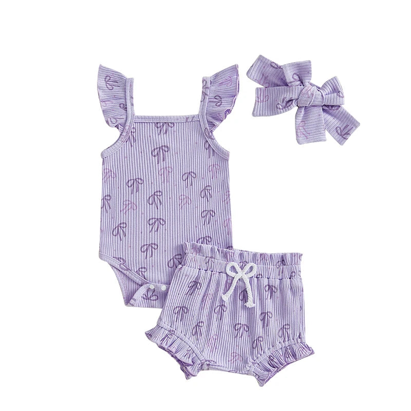 Baby Girls 3Pcs Summer Set Bow Print Fly Sleeve Romper Elastic Waist Ruffle Shorts Headband Outfit Clothes Spring