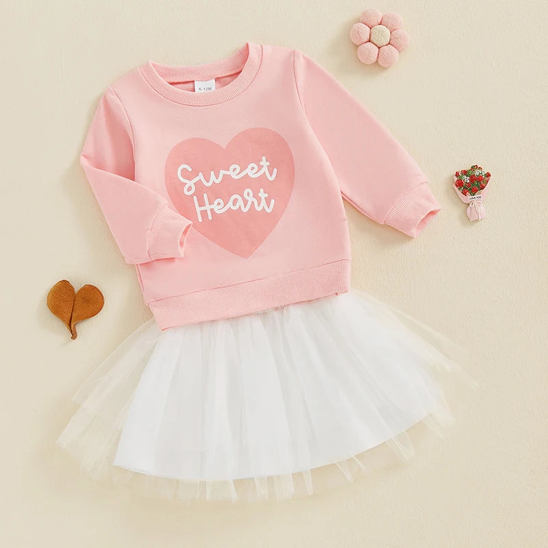 Baby Toddler Girls 2Pcs Valentine's Day Outfit Sweet Heart Letter Print O-Neck Long Sleeve Top Layered Tulle Tutu Skirt Clothes Set