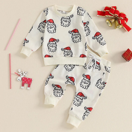 Baby Toddler Boys Girls 2Pcs Christmas Outfit Santa Claus Print Long Sleeve Top Elastic Waist Pants Jogger Set