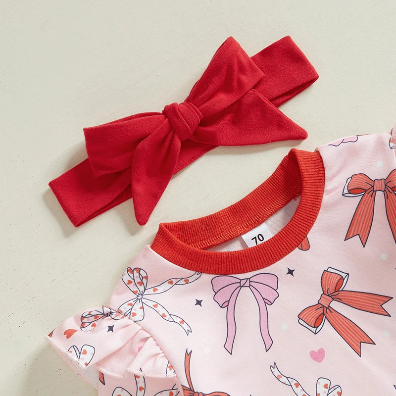 Baby Toddler Girls 3Pcs Valentine's Day Outfit Bow Heart Print Long Sleeve Crewneck Top with Pants Headband Jogger Set