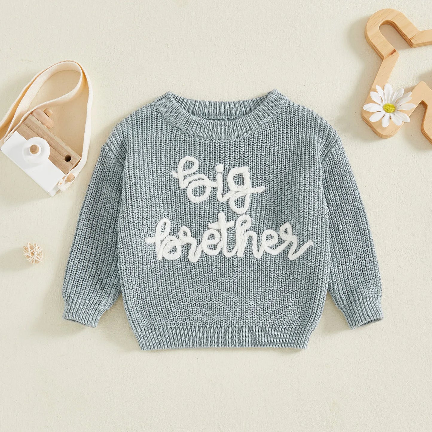 Toddler Boy Big Brother Fall Sweater Letter Embroidered Crewneck Long Sleeve Pullover Chunky Knit Tops