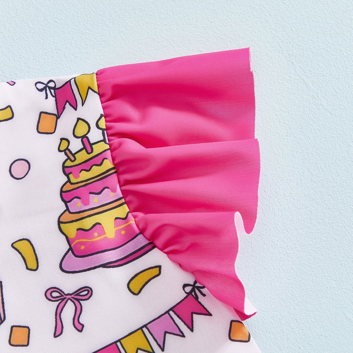 Baby Toddler Girls 2Pcs Swimsuit Set Bow Cake Birthday Print Flying Sleeve Zip-up Bathing Suit with Hat Outfit