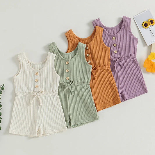 Baby Toddler Girls Ribbed Solid Color Tank Top Jumpsuit Button Down Romper