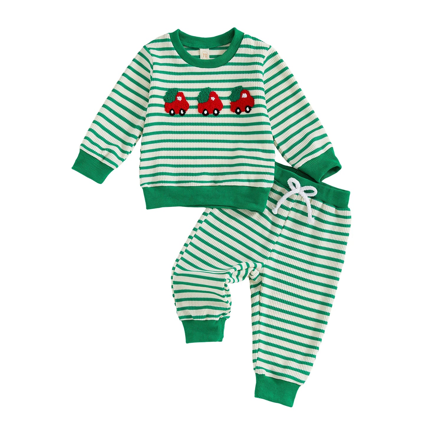 Baby Toddler Girls Boys 2Pcs Christmas Outfit Car Truck Tree Embroidered Striped Crew Neck Long Sleeve Pullover Top and Pants 2Pcs Jogger Set