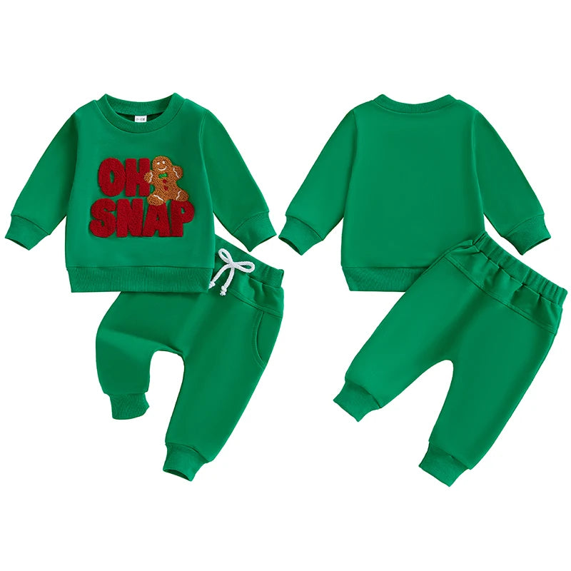 Baby Toddler Boys Girls 2Pcs Christmas Outfit Long Sleeve Oh SNAP Gingerbread Man Embroidery Top Pants Jogger Set Winter