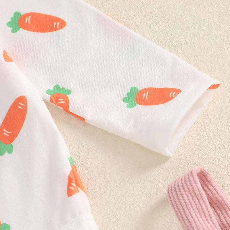 Baby Girls 3Pcs Easter Outfit Long Sleeve Carrot Print Romper Bunny Rabbit Carrot Embroidery Suspender Skirt Dress Headband Bow Set