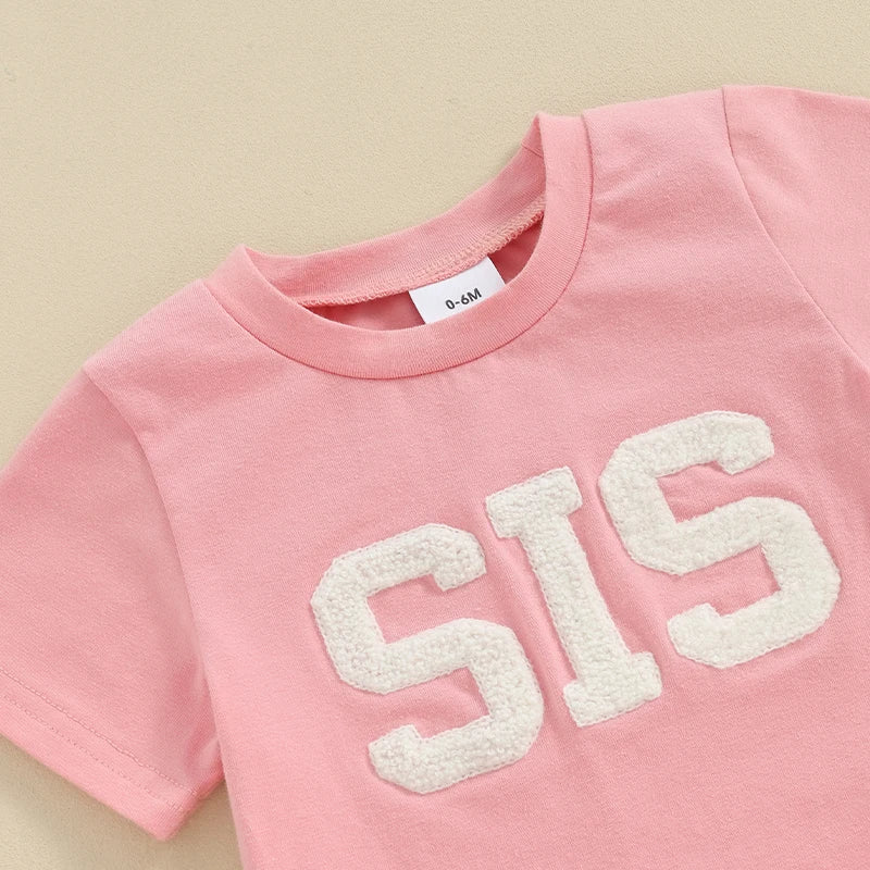 Baby Toddler Girl 2Pcs SIS Spring Summer Clothes Short Sleeve Letter Embroidery Top Drawstring Shorts Outfit Set Siblings Sister