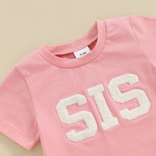 Load image into Gallery viewer, Baby Toddler Girl 2Pcs SIS Spring Summer Clothes Short Sleeve Letter Embroidery Top Drawstring Shorts Outfit Set Siblings Sister
