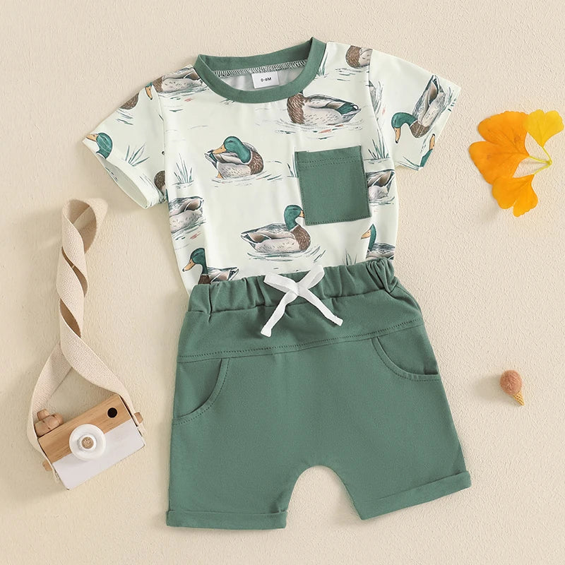 Baby Toddler Boys 2Pcs Duck Print Spring Outfit Short Sleeve T-Shirt Top Elastic Waist Shorts Farm Clothes Summer Set