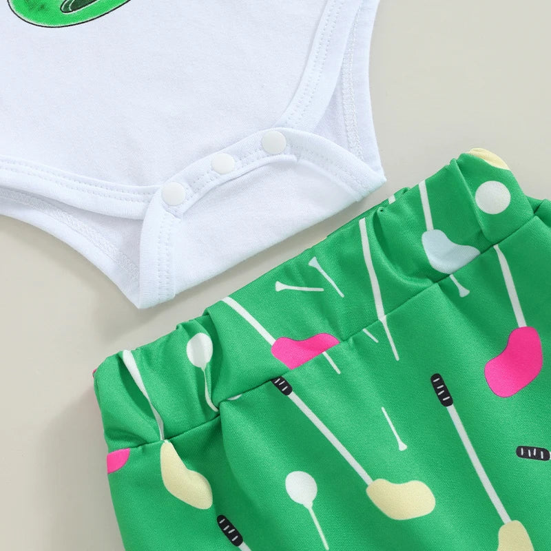 Baby Boys 3Pcs I Just Shanked My Pants Summer Outfit Letter Golf Print Crew Neck Short Sleeve Romper Long Pants Hat Clothes Set