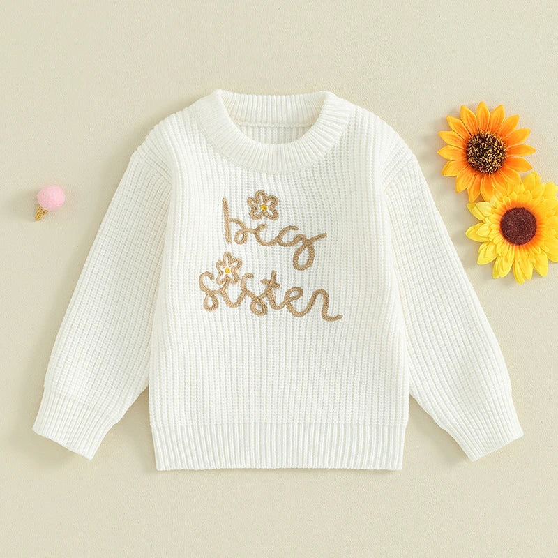 Baby Toddler Kids Girls Sweaters Lil Sister Letter Flower Embroidery Knitted Loose Long Sleeve Top