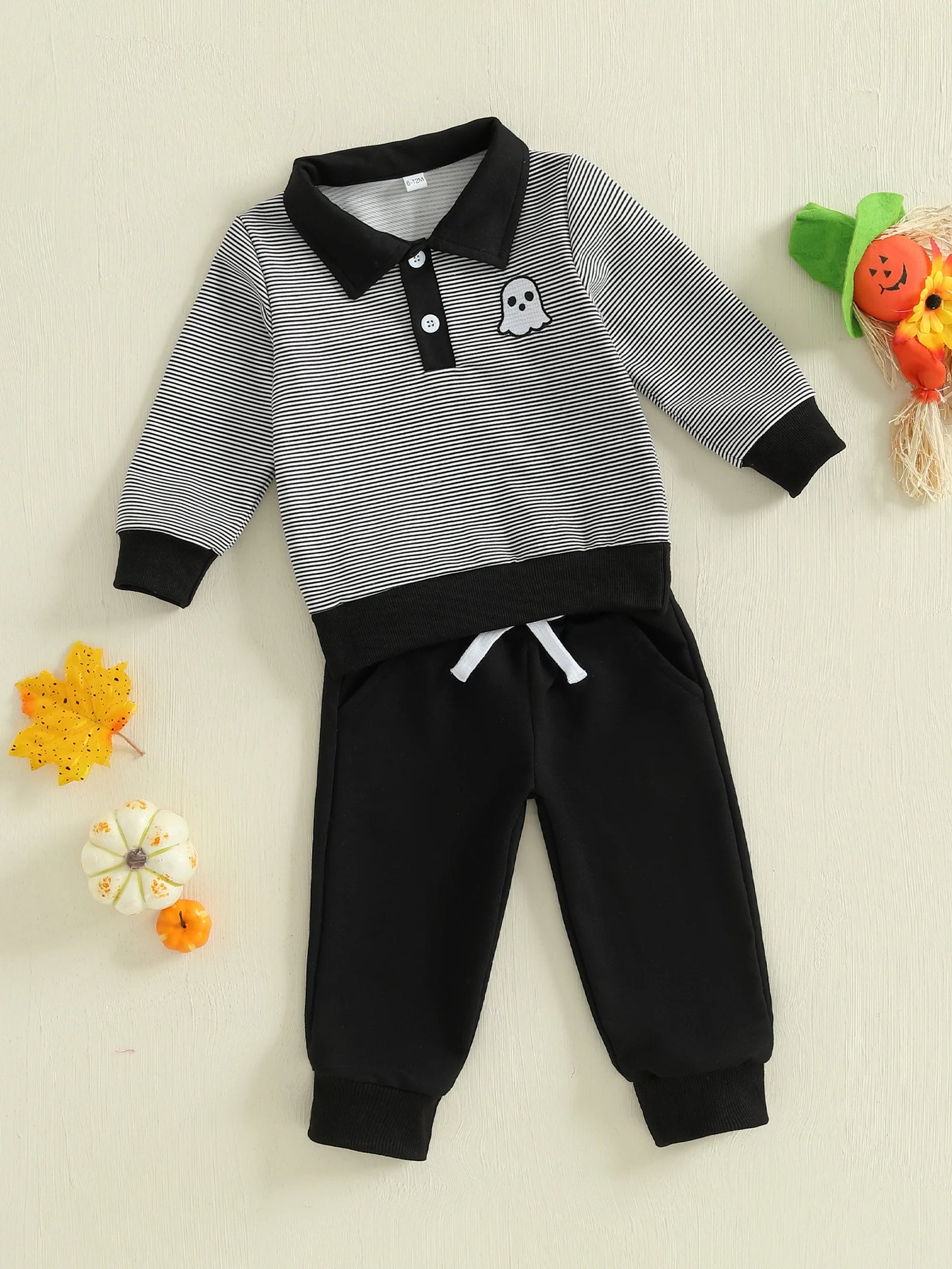 Baby Toddler Boys 2Pcs Halloween Outfit Ghost Embroidery Striped Long Sleeve Top with Pants Jogger Set