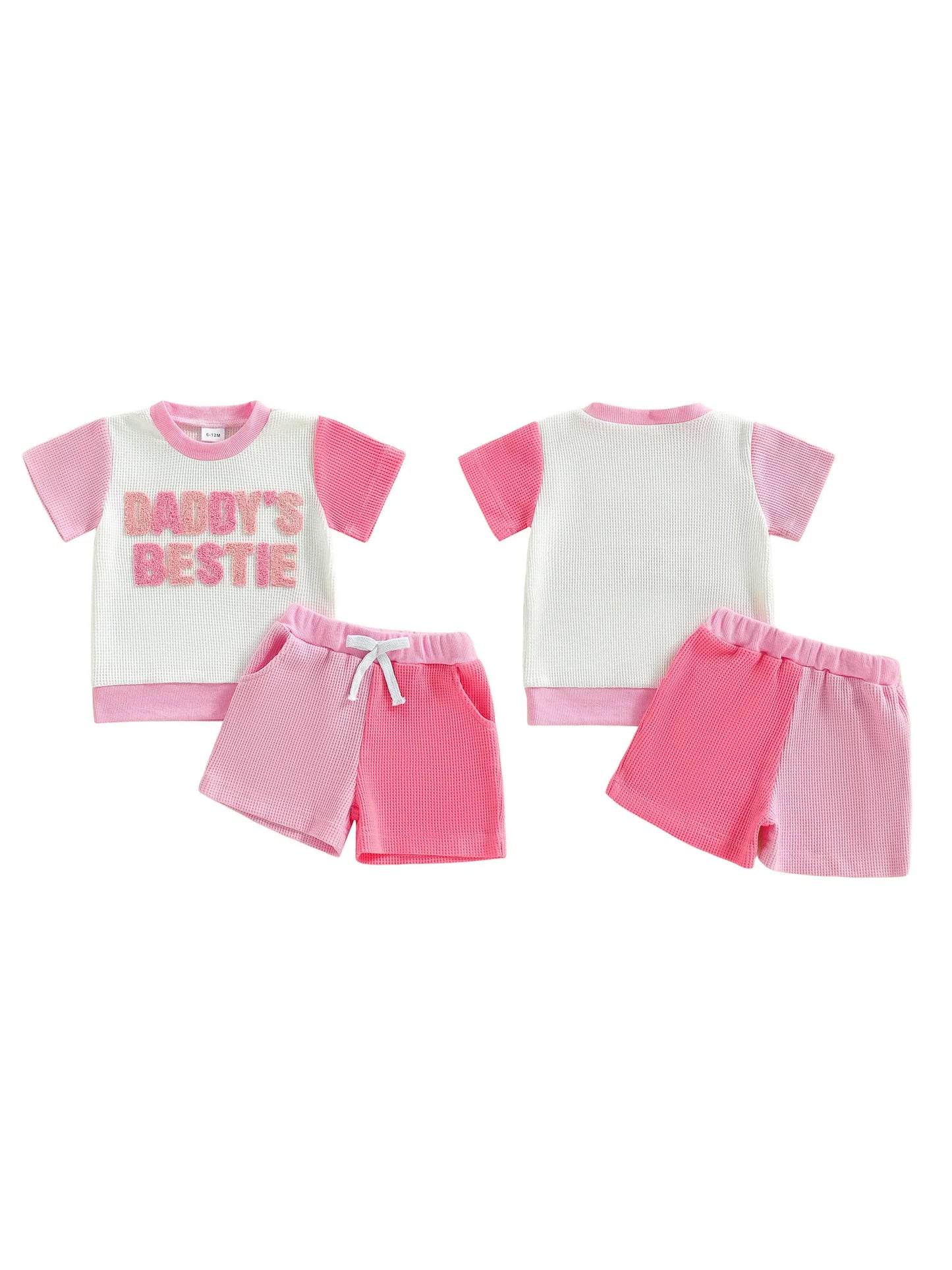 Baby Toddler Girls 2Pcs Daddy's Bestie Set Contrast Letter Short Sleeve T-shirt and Shorts 2 Piece Waffle Summer Outfit